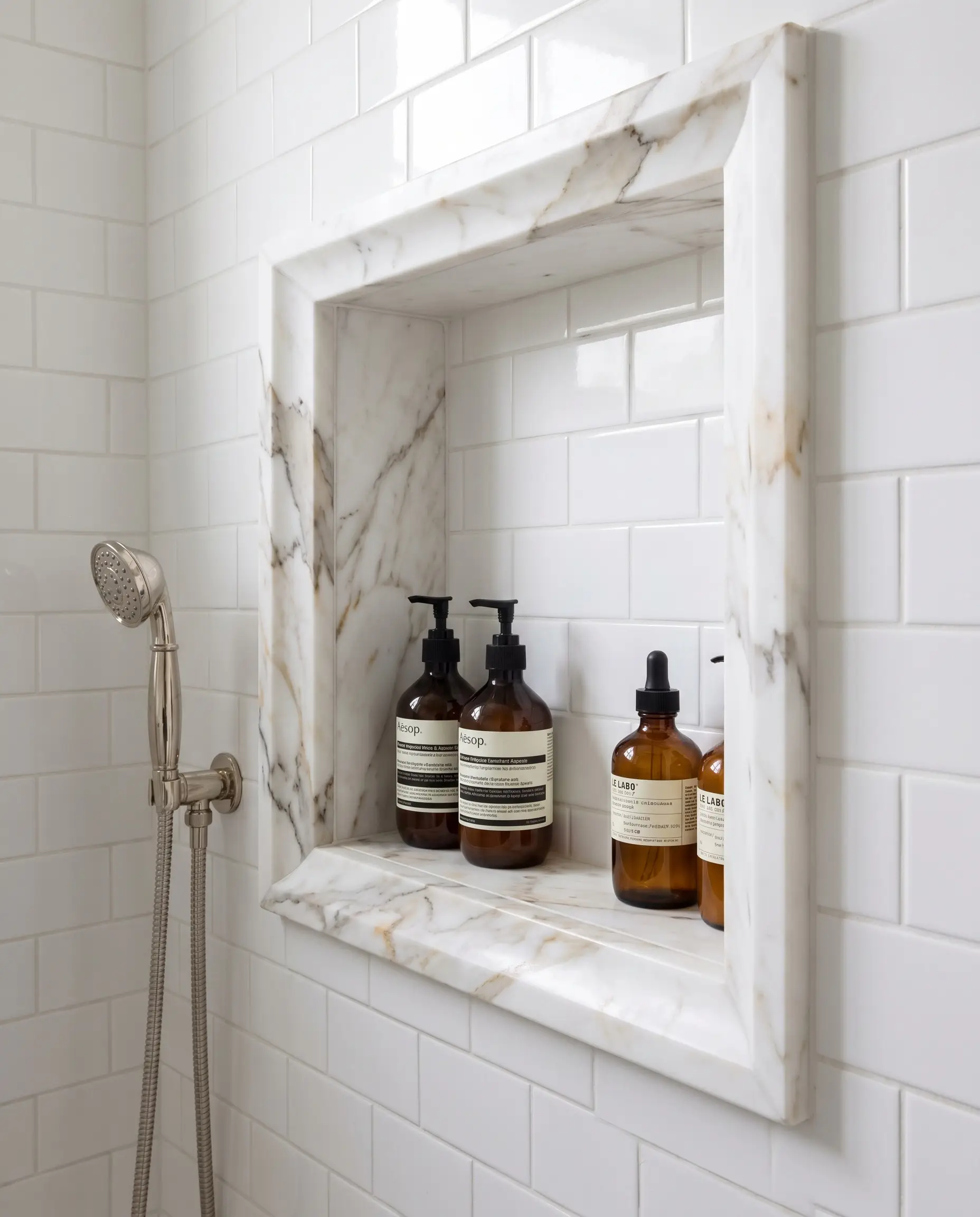 Thick eased-edge marble trim creates a substantial border around a built-in shower niche set against standard white field tile, holding amber glass apothecary bottles.