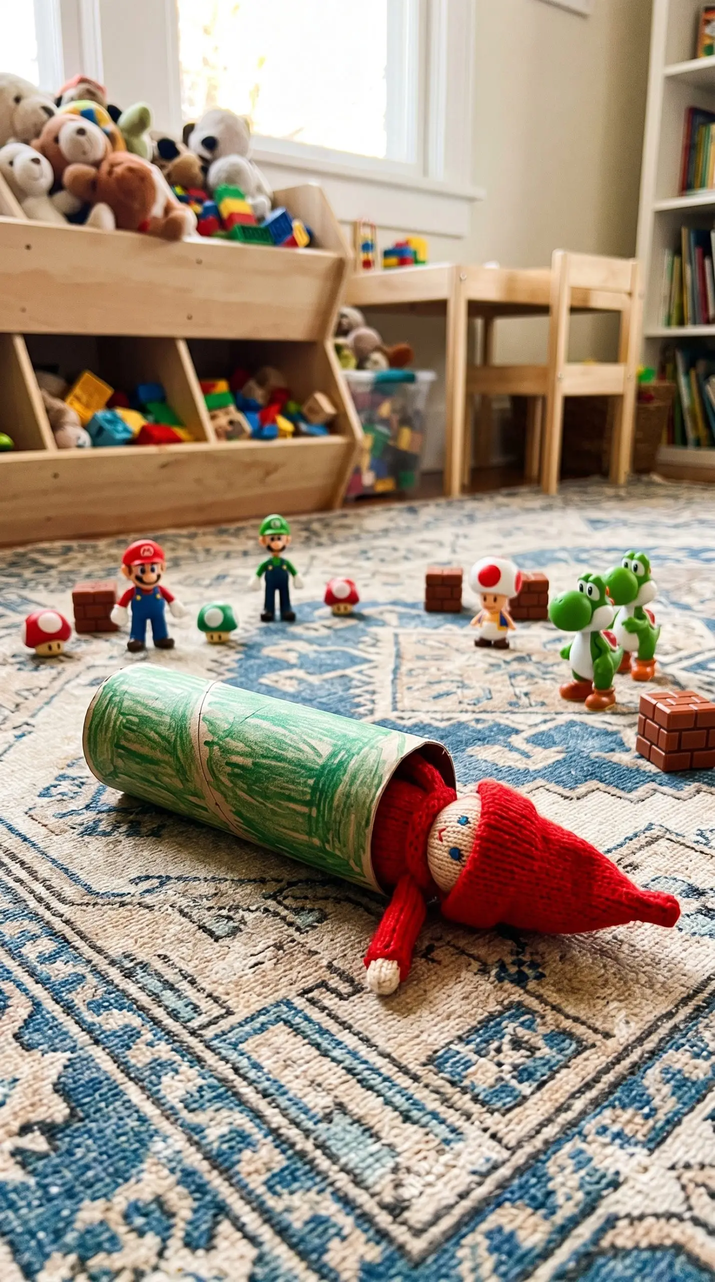 Un elfo di Natale spunta da un tubo di cartone verde tra i giocattoli di Mario sul tappeto della stanza dei giochi.