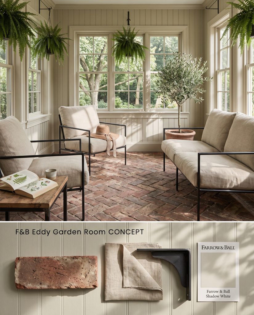 A composite conceptual board displaying a rustic garden room with beadboard walls above a textured flat-lay of reclaimed brick and linen.