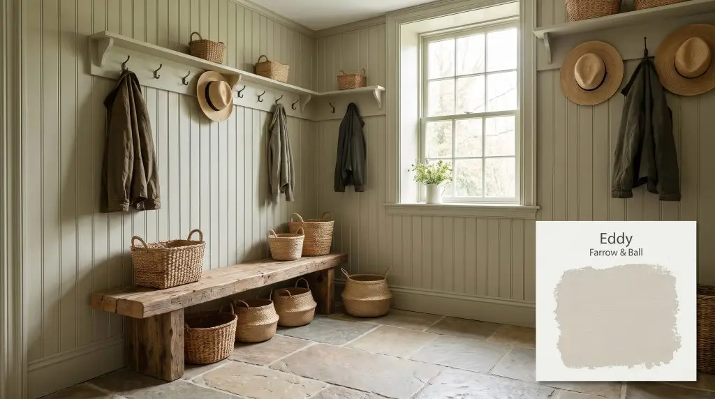 Natural flagstone flooring and a reclaimed wood bench complement the beadboard panelling finished in Farrow & Ball Eddy (Hex #caccba).