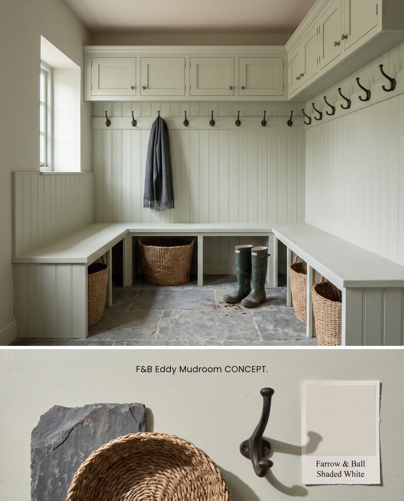 A dual-section conceptual board showing a color-drenched mudroom on top and a physical flat-lay of slate flagstone below.