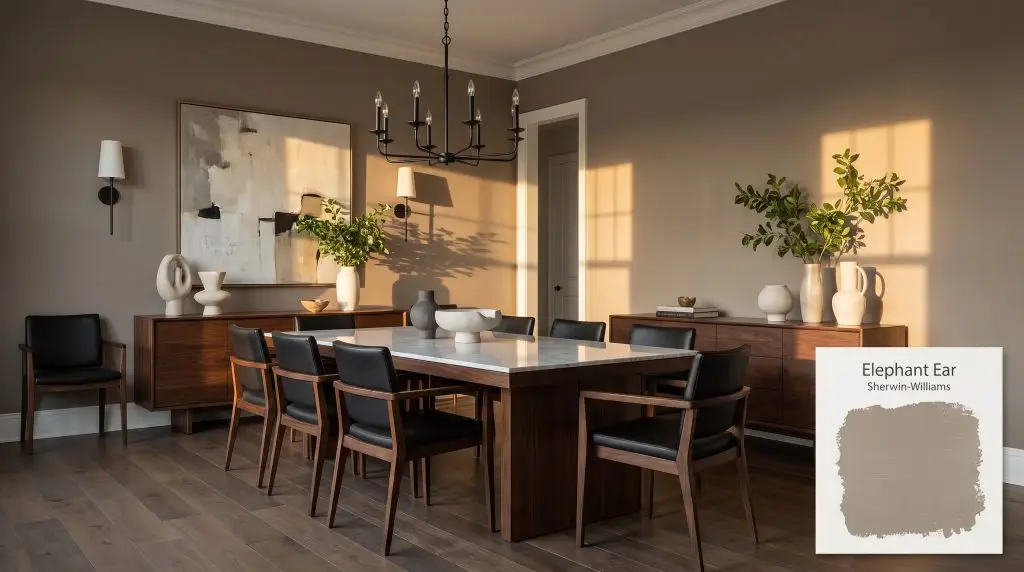 Dark walnut furniture and a white marble table complement taupe walls painted in Sherwin-Williams SW 9168 (Hex #988F85).