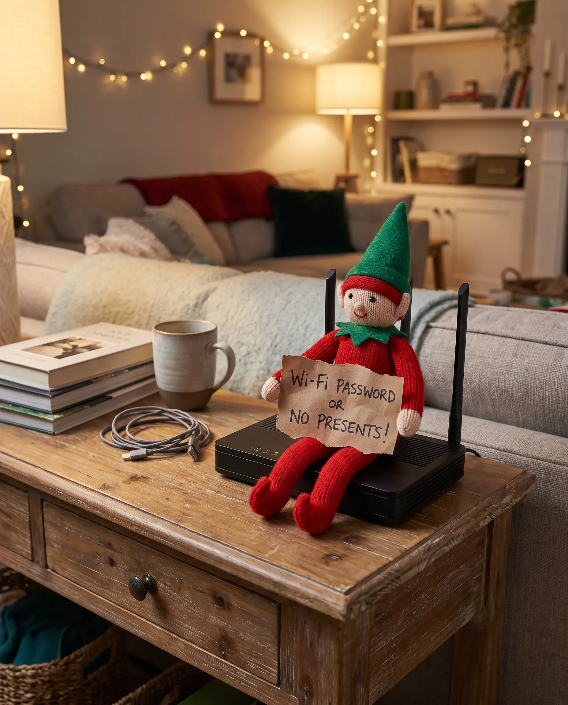 Un elfo di Natale seduto sul router Wi-Fi sopra una consolle in legno con un biglietto di riscatto in mano.