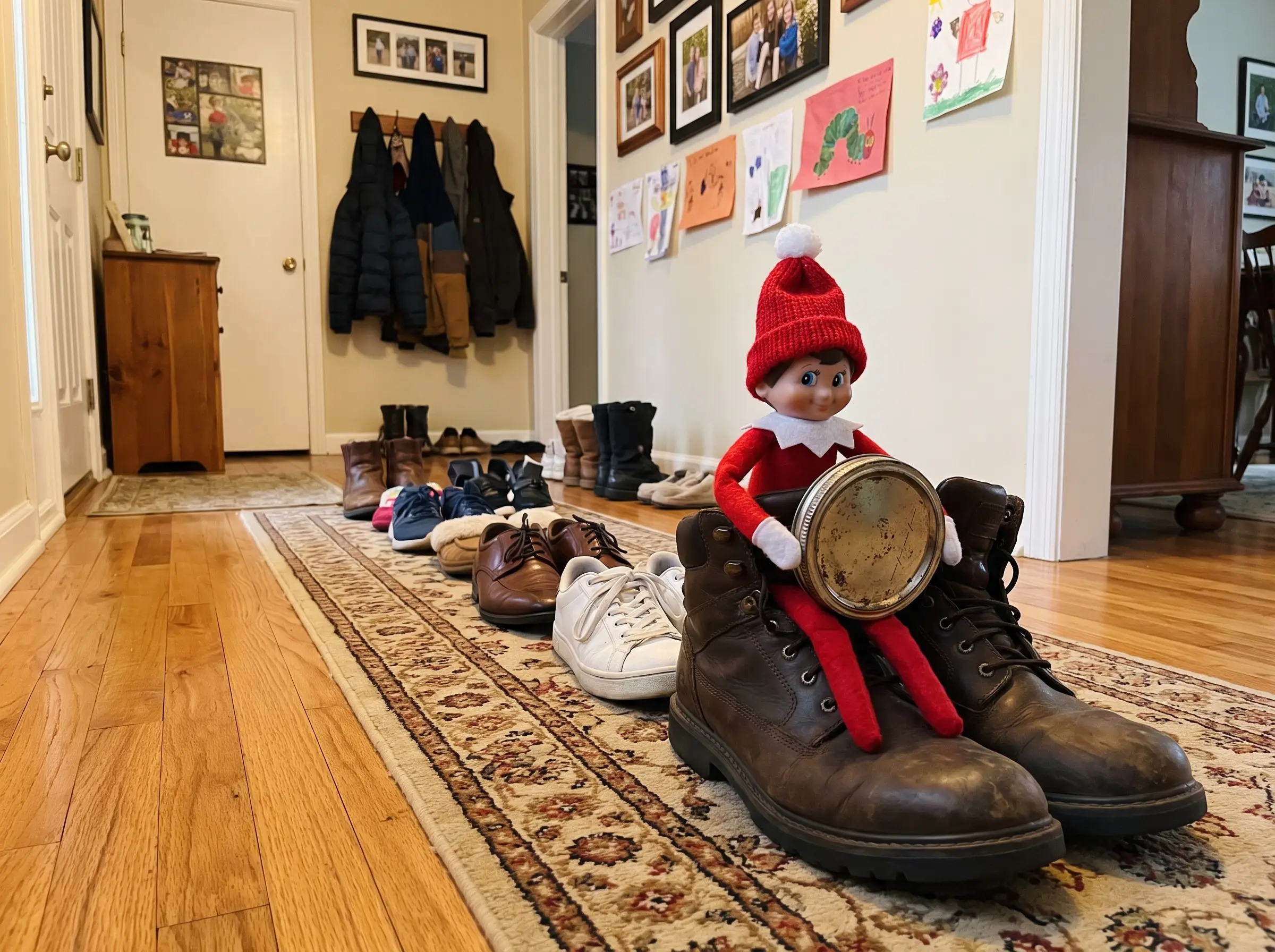 Un elfo di Natale alla guida di un trenino composto da scarpe allineate sulla passatoia nel corridoio.