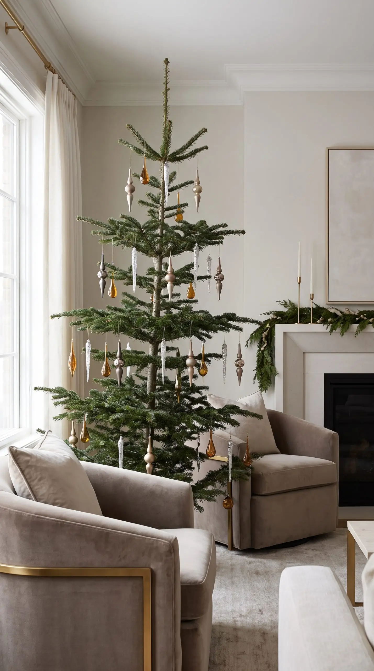 Elongated blown glass finials, mercury glass icicles, and teardrop ornaments suspend freely within the wide negative space of a sparse tree in a chic living room.