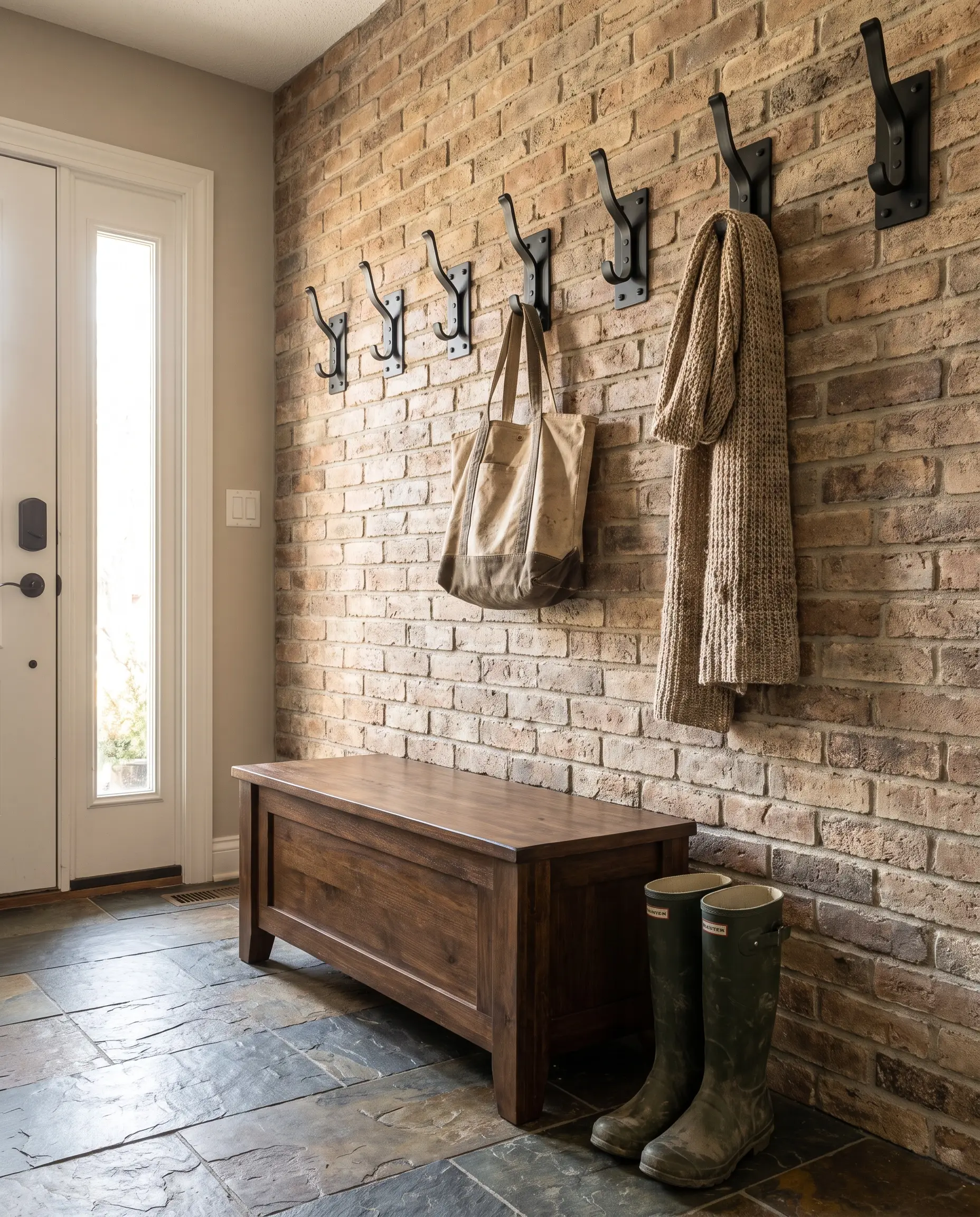 Heavy-duty matte black steel coat hooks hold a canvas tote above a wooden storage bench and slate tile floor against a High-Density Polyurethane faux masonry surface.