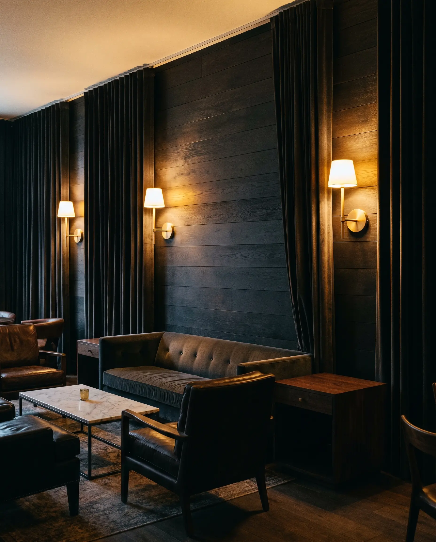 Unlacquered matte brass sconces mount directly onto near-black espresso-stained oak planks, emitting a warm golden glow beside heavy dark velvet drapery.