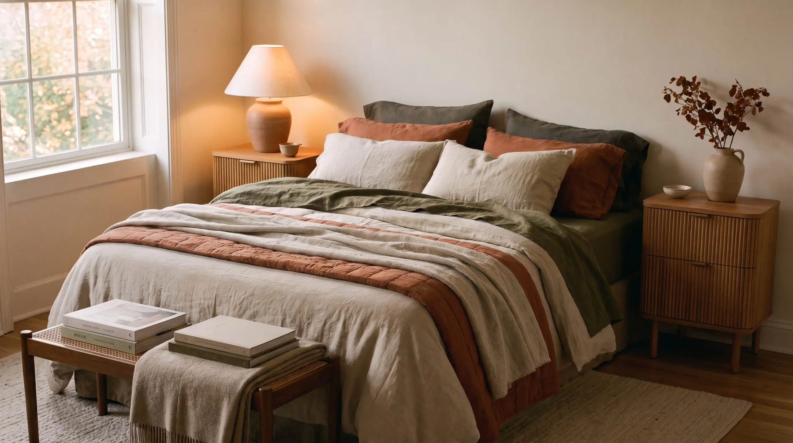 Heavyweight European flax linen and brushed cotton bedding in earthy neutrals drape across a cozy fall bedroom beside a fluted wood nightstand.