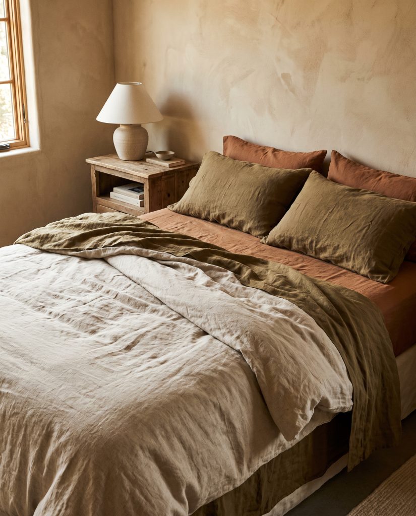 A beautifully unmade bed showcases heavy European flax linen featuring a natural oatmeal duvet cover over earthy olive and terracotta sheets.