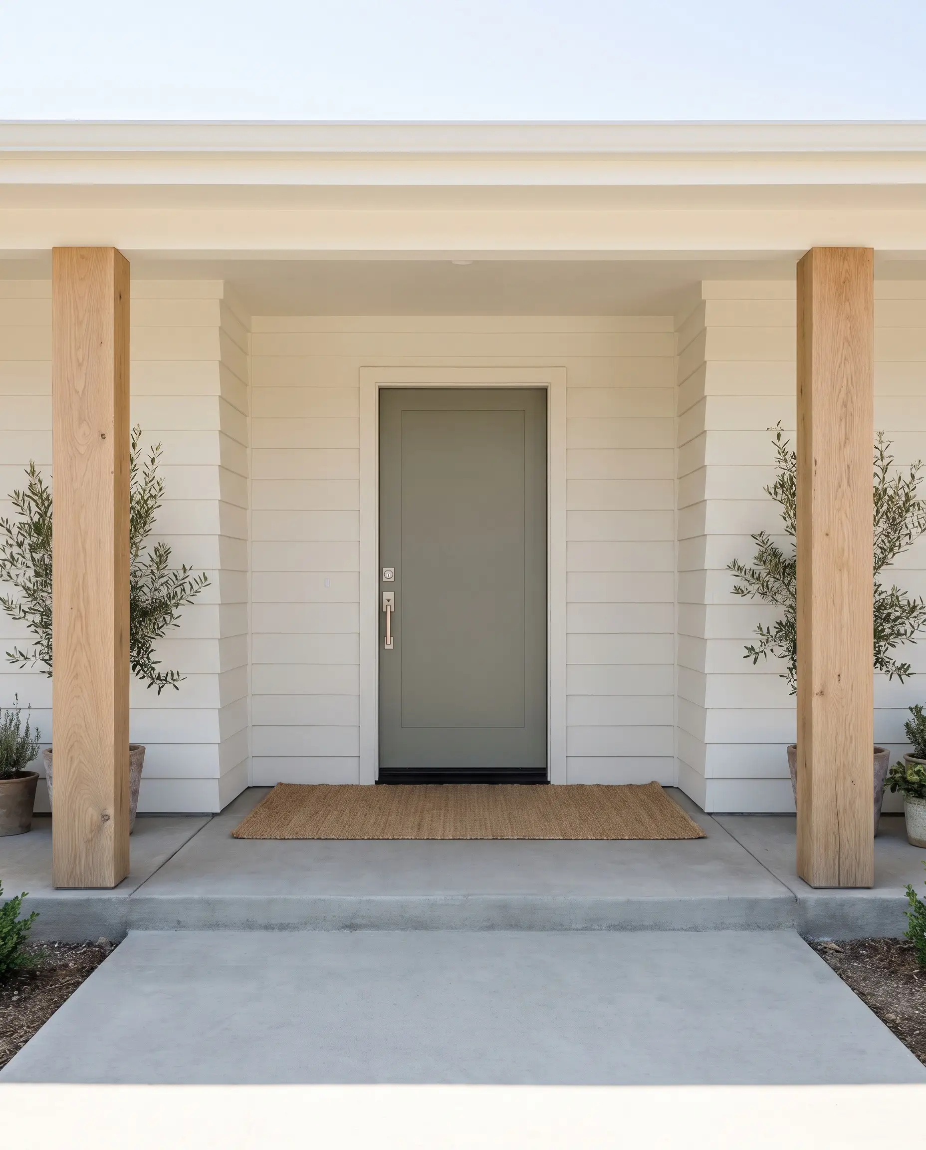 Natural white oak architectural pillars and warm Alabaster white siding surround an Evergreen Fog painted door equipped with sleek brushed nickel hardware.