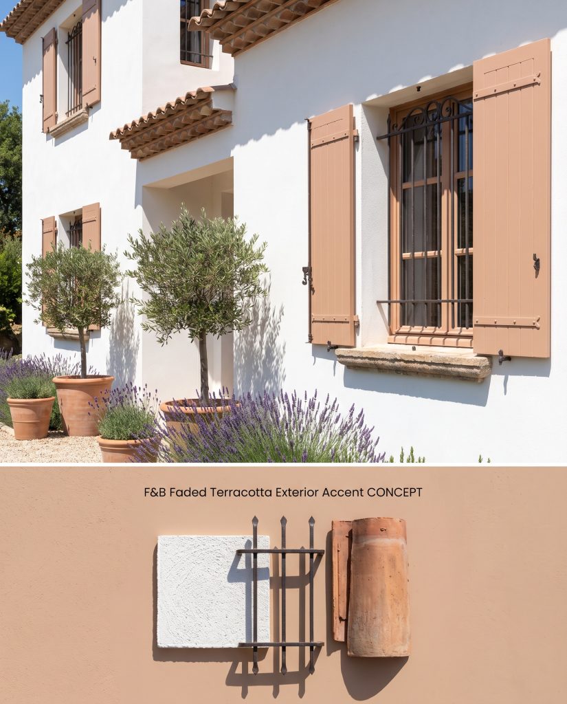 A split digital conceptual board presenting pale terracotta exterior window shutters above physical white stucco and wrought iron samples.