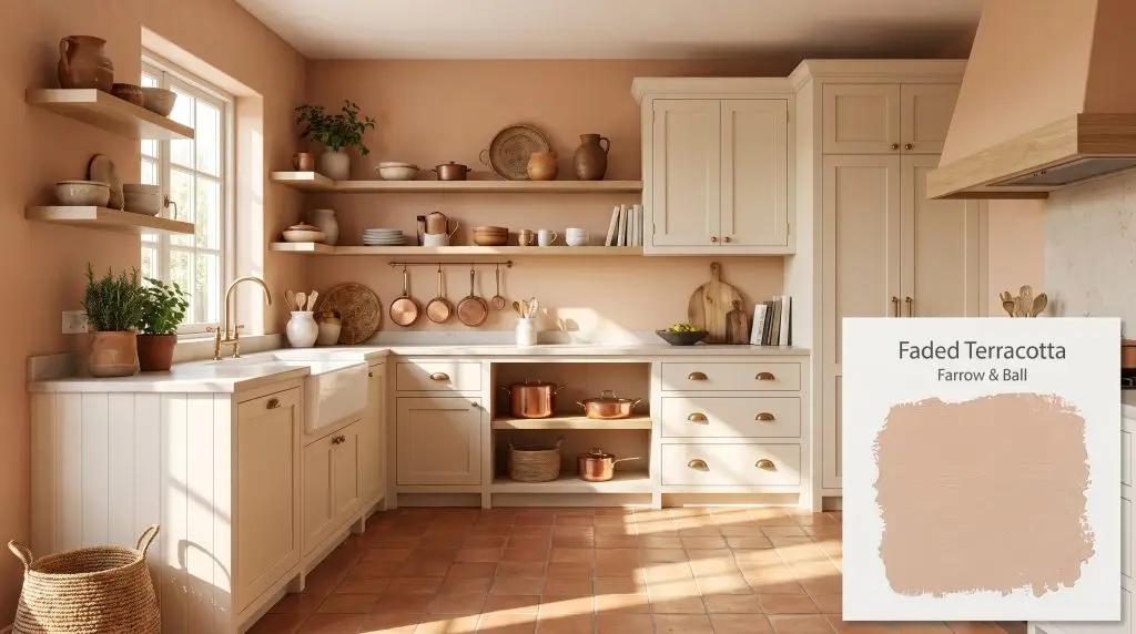 Terracotta tile flooring and open white oak shelving complement the sunlit kitchen walls painted in Farrow & Ball Faded Terracotta (Hex #dfb797).