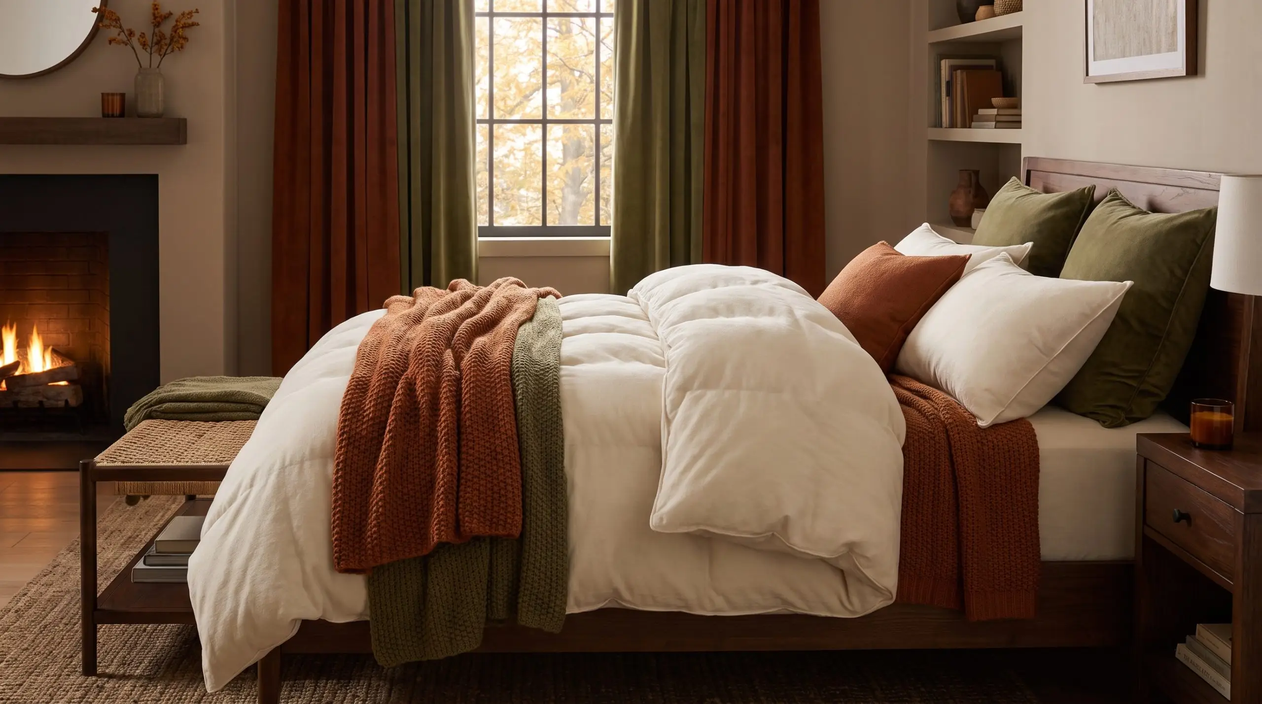 A luxuriously thick winter duvet encased in a brushed cotton cover dominates this fall bedroom, flanked by thermal drapes and rich seasonal colors.