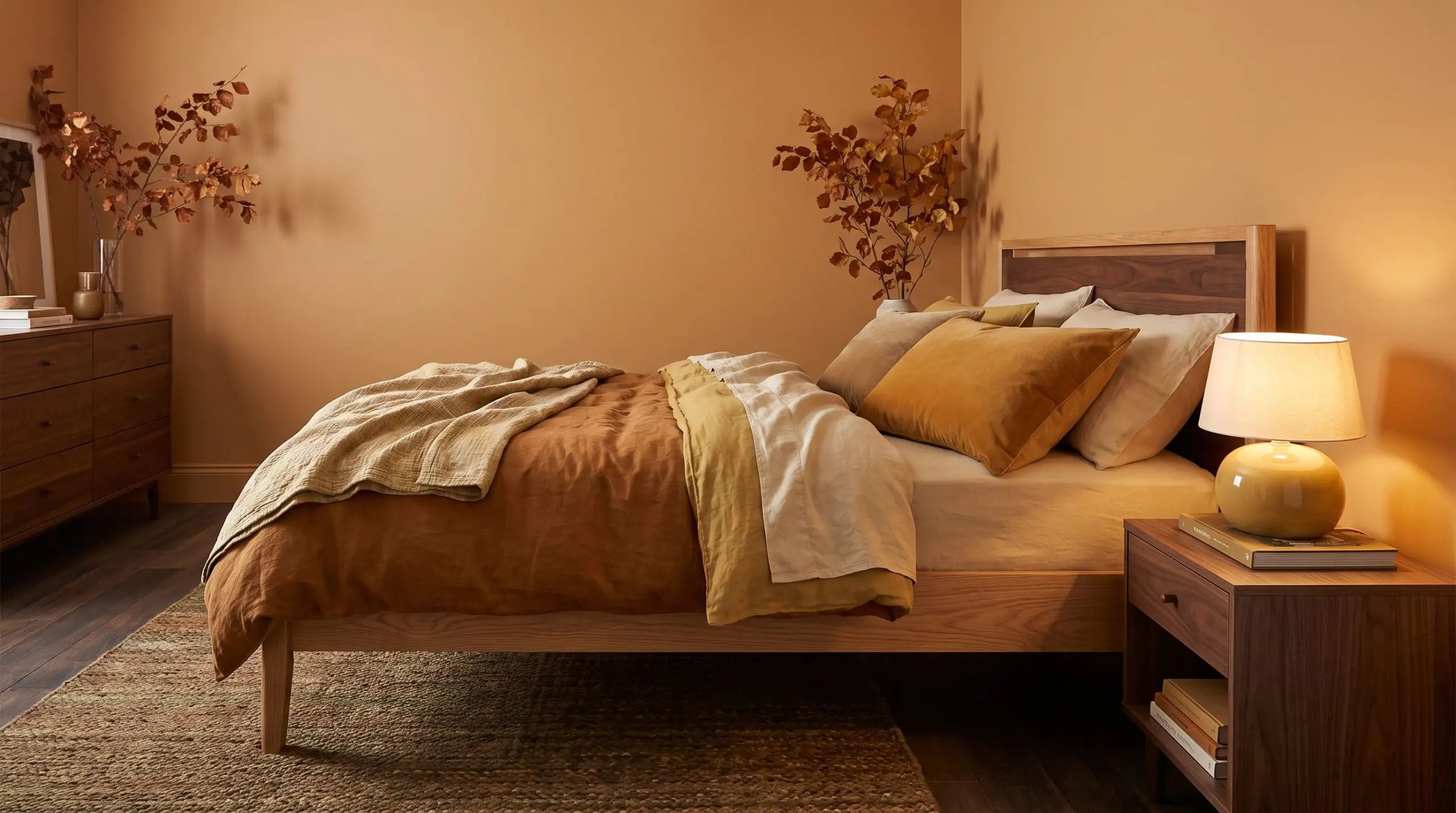 A rich fall bedroom features Farrow & Ball India Yellow walls, a matte velvet ochre pillow, and a ceramic mustard bedside lamp.