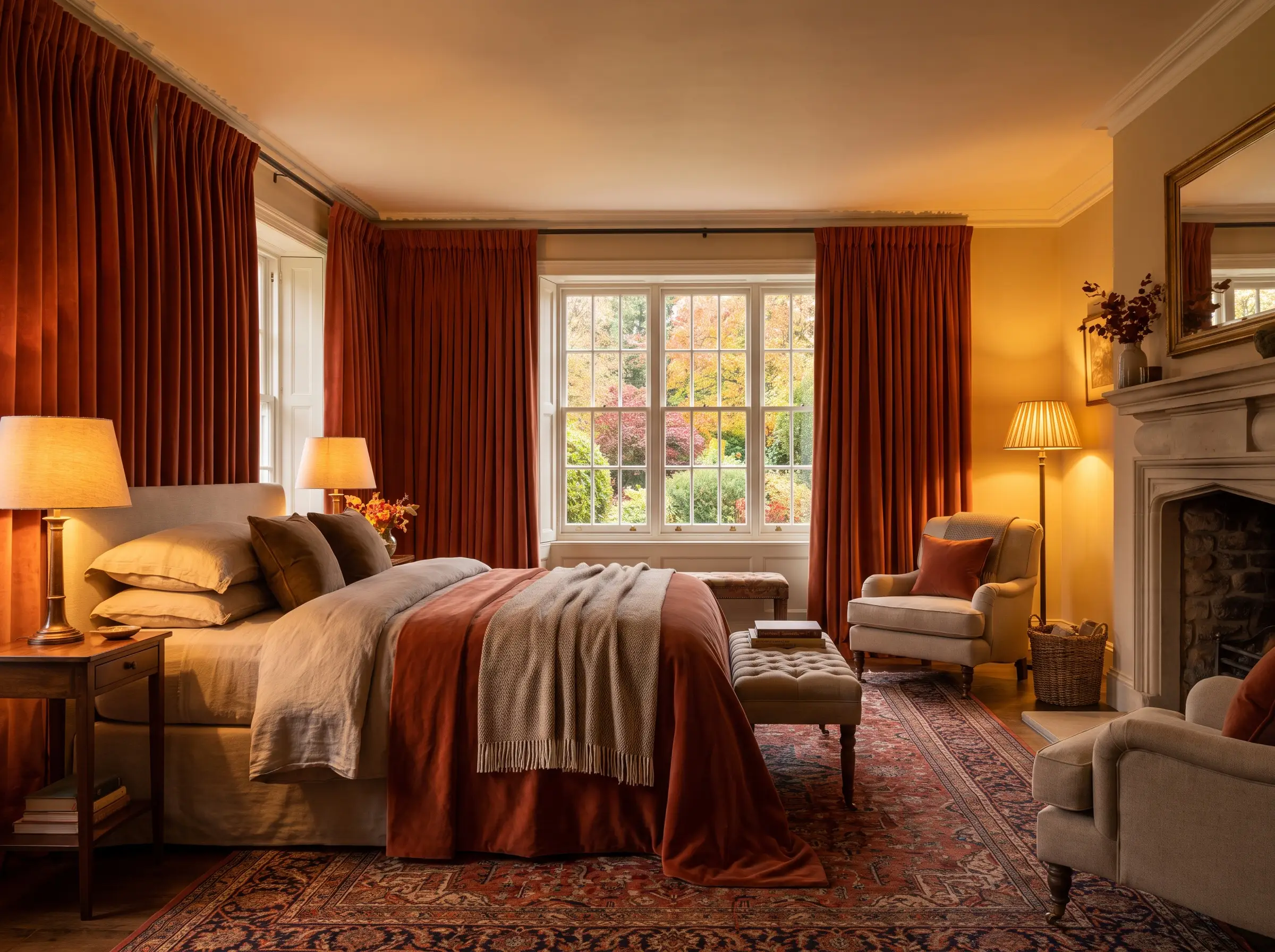 Heavyweight velvet thermal drapes pool on the floor of this luxurious fall bedroom, framing large windows beside a beautifully layered bed.
