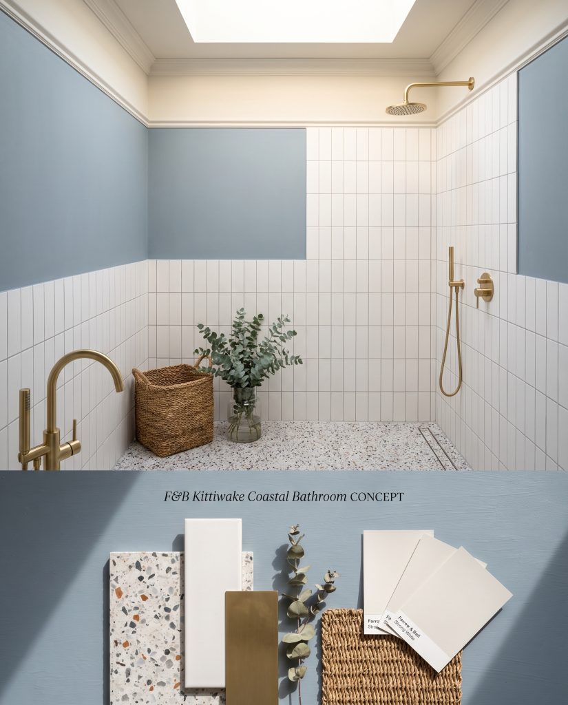 A split digital conceptual board presenting a bright coastal bathroom top half, anchored by a textured cool denim base with terrazzo below.