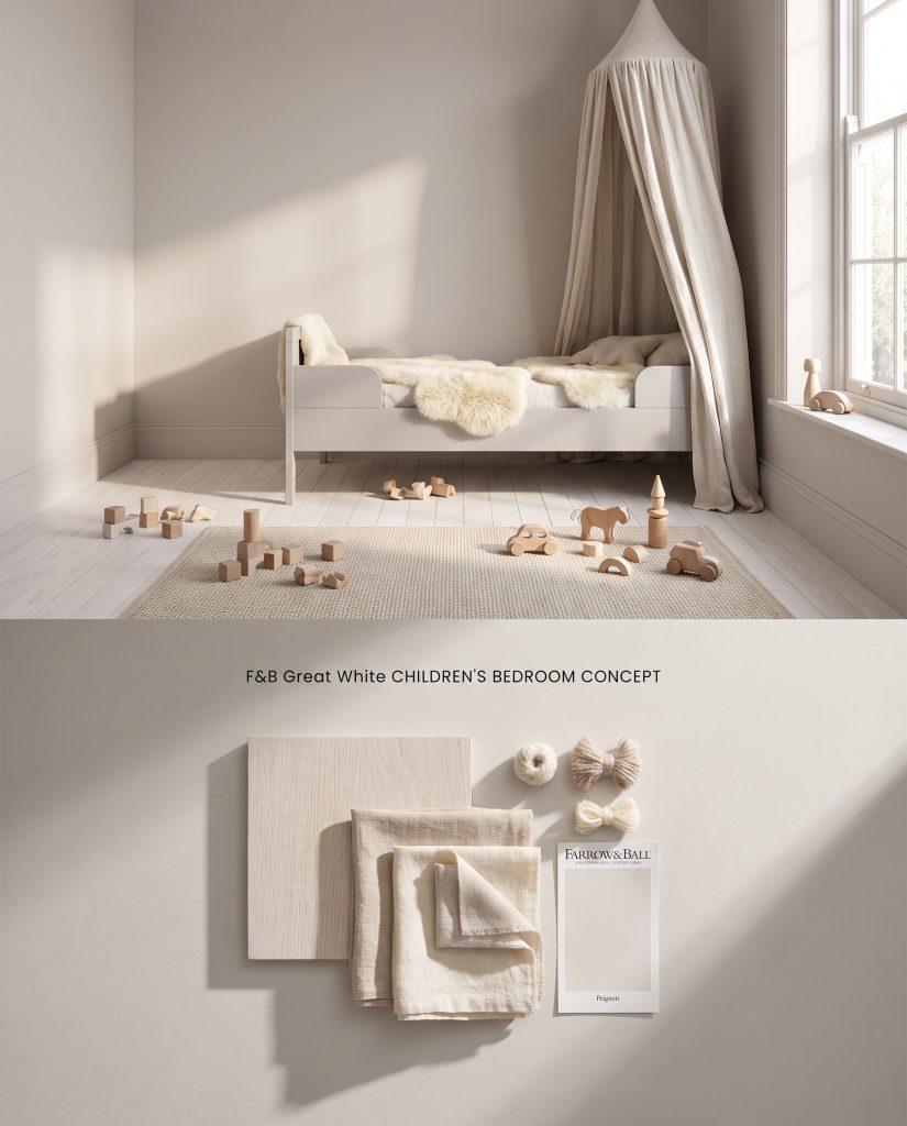 A split digital conceptual board featuring a minimalist Scandi-modern children's bedroom above a textured flat-lay of white washed oak and soft wool.