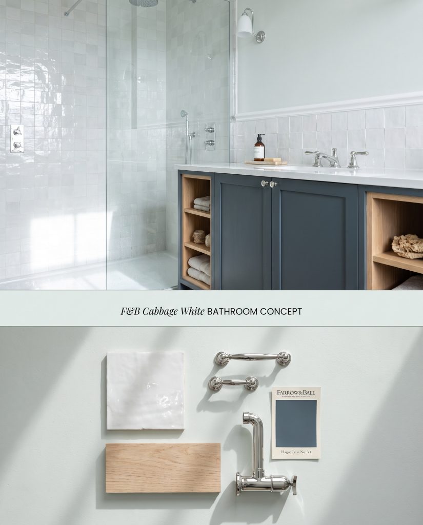 A split digital conceptual board presenting a spa-like bathroom with glossy white zellige tiles on top and a white oak flat-lay on the bottom.