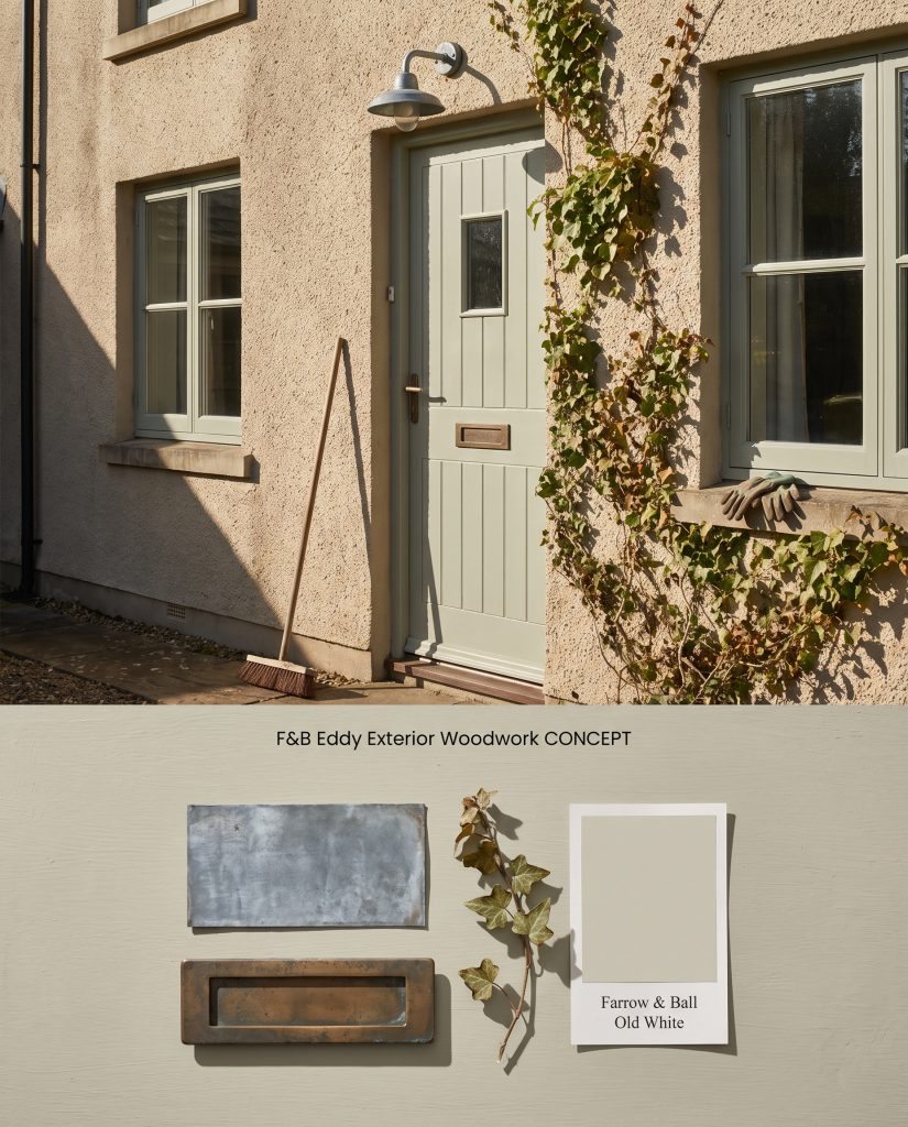 A split digital conceptual board featuring cottage exterior woodwork above a textured bottom section with weathered zinc and bronze.