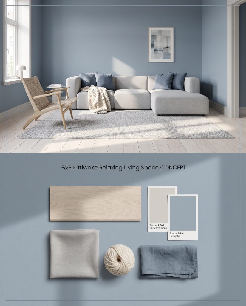 A split digital conceptual board showing a modern living room top section, with a textured cool blue base and chunky wool below.