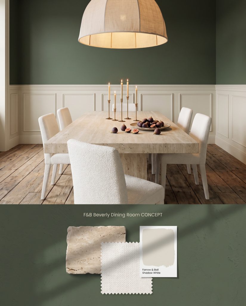 A split digital conceptual board showing deep green upper dining room walls above classic wainscoting, grounded by physical travertine and boucle materials.