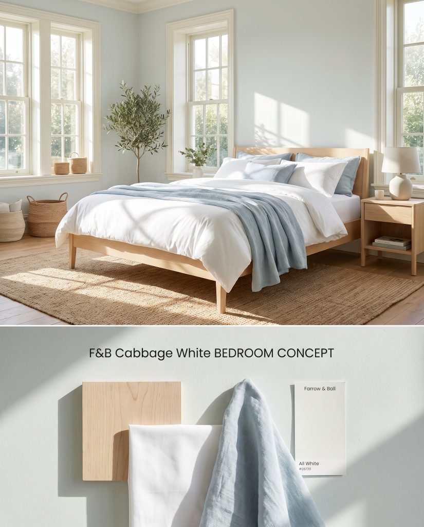 A split digital conceptual board showcasing a Farrow & Ball Cabbage White airy bedroom top section and a light birch wood flat-lay below.