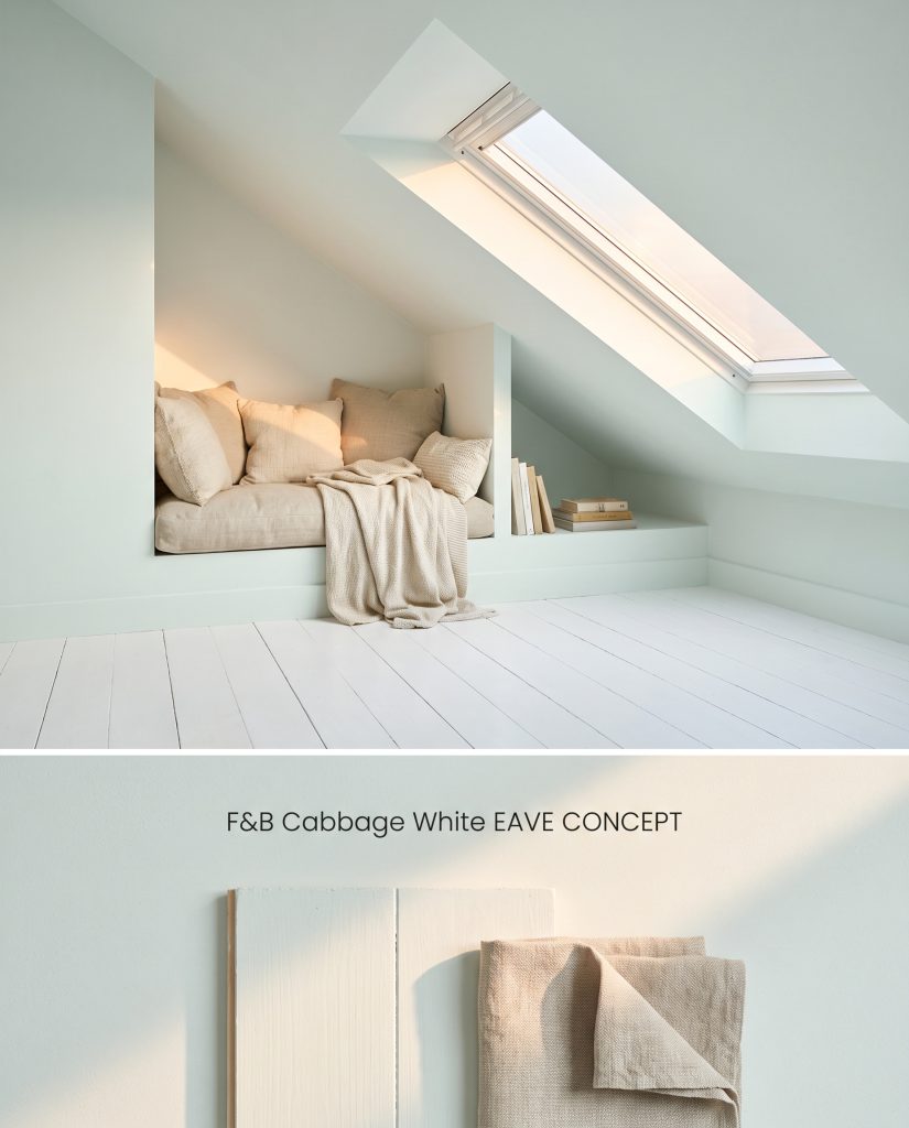 A split digital conceptual board depicting a color-drenched attic conversion above a flat-lay of painted white floorboards and natural linen.