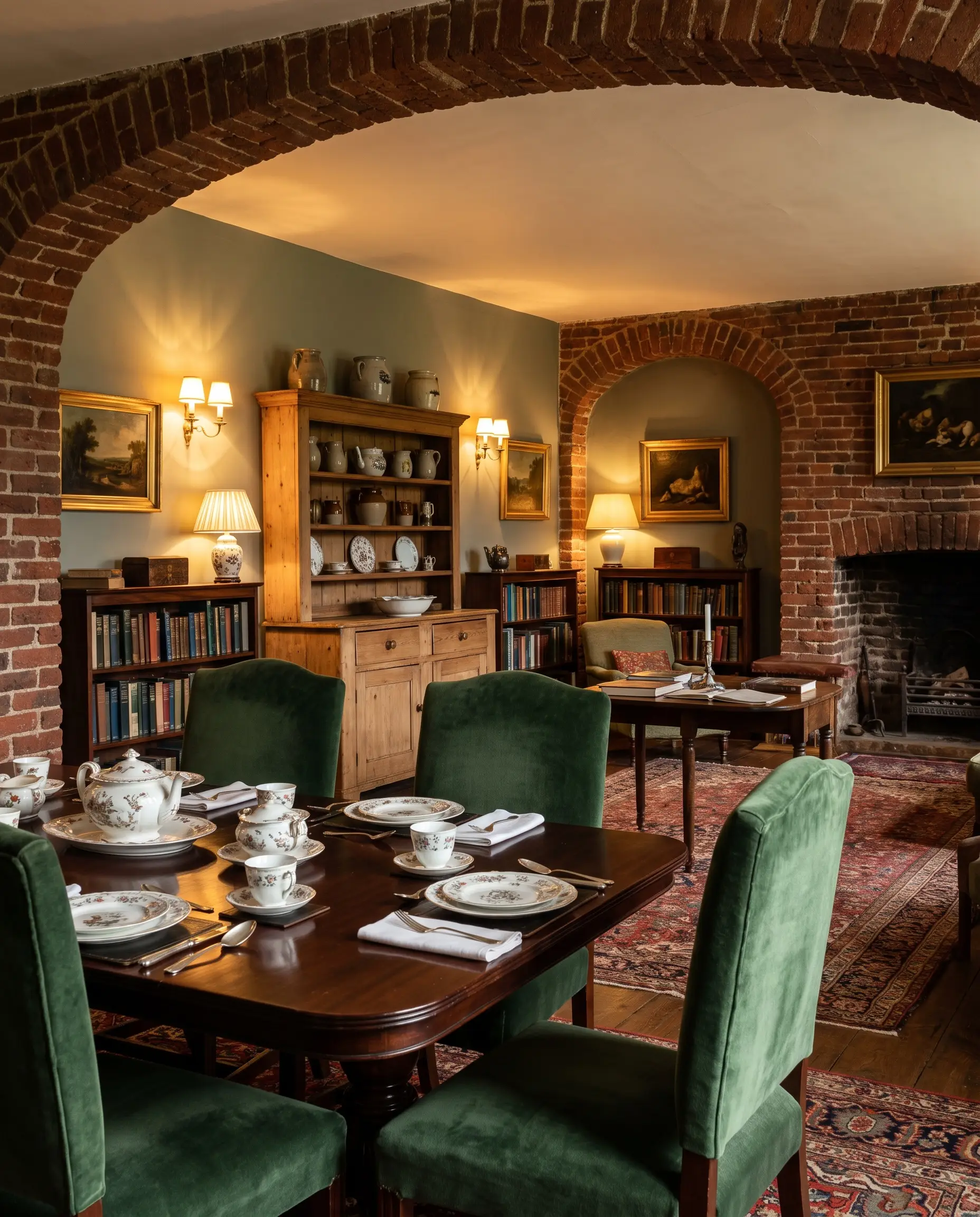 Velvet upholstery dining chairs surround a mahogany table in a historic room showcasing excellent paint colors that go with red brick wall accents.
