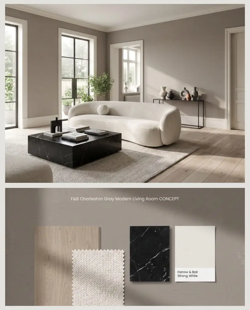 A digital split concept board displaying Farrow & Ball Charleston Gray in a modern living room above physical boucle and marble material swatches.