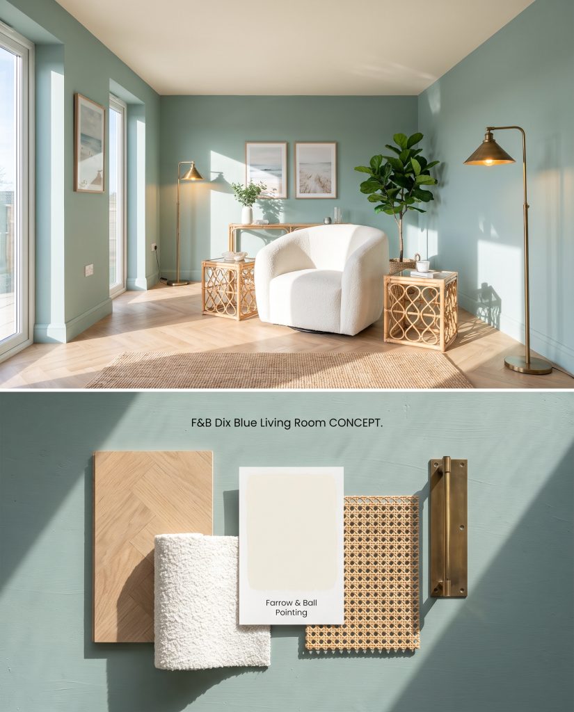A split digital conceptual board featuring a modern coastal living room with Farrow & Ball Dix Blue walls above, and a flat-lay of herringbone oak and boucle below.