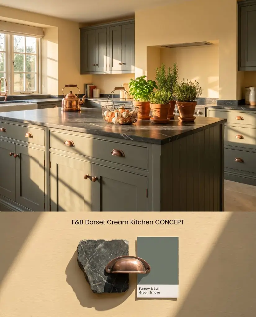 A split digital conceptual board featuring Farrow & Ball Dorset Cream No. 68 kitchen walls above a lower section with soapstone and aged copper.