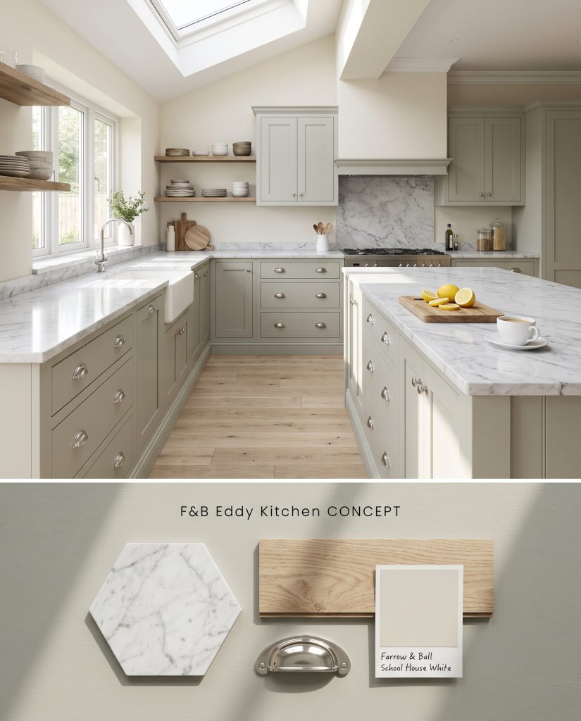 A split digital conceptual board featuring a Farrow & Ball Eddy green kitchen above physical Carrara marble and polished nickel materials below.
