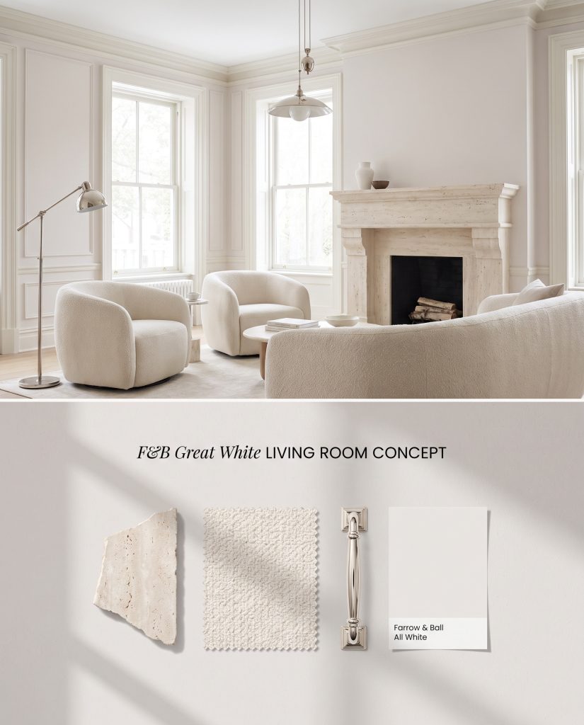 A split digital conceptual board showcasing a Farrow & Ball Great White transitional living room top section and a pale travertine flat-lay below.