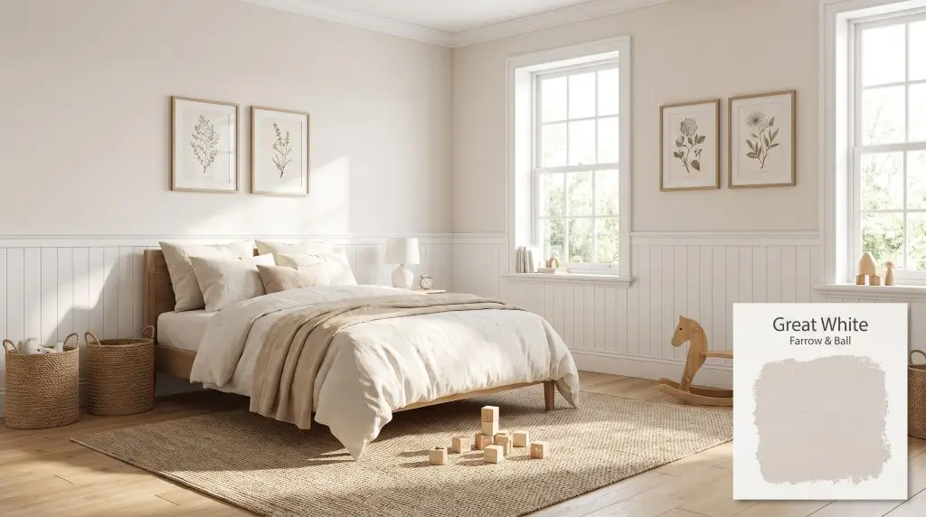 Bright morning sunlight highlights white wainscoting and natural oak floors in a spacious children's bedroom painted in Farrow & Ball Great White (Hex #e4dfdc).