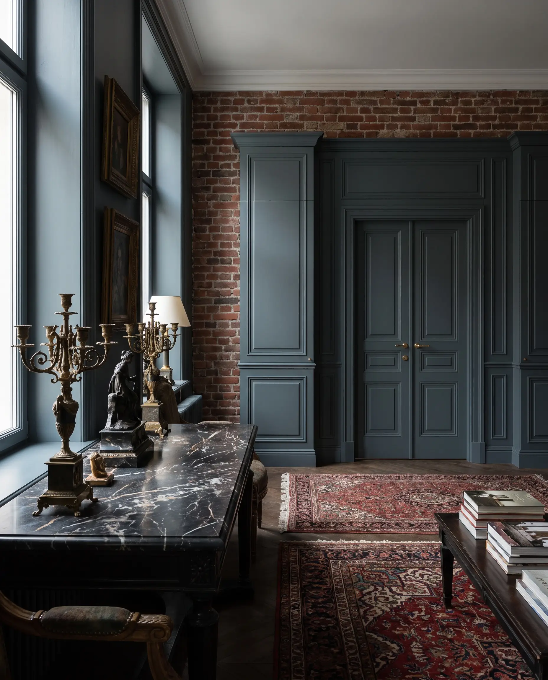 A heavily veined marble console table and aged brass decor stand before Farrow and Ball Inchyra Blue millwork and a red brick accent wall.