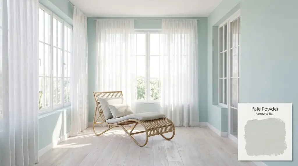 A minimalist rattan lounge chair sits on whitewashed oak flooring beneath pale aqua walls painted in Farrow & Ball 204 (Hex #d5dad1).