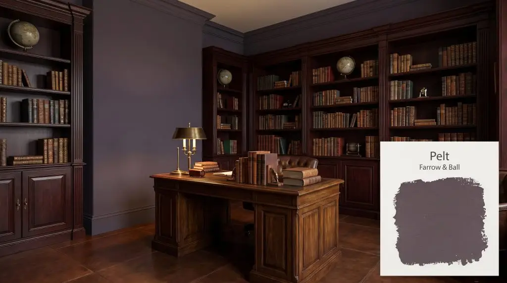 Dark mahogany built-in bookshelves and leather flooring define a rich Victorian study enveloped in Farrow & Ball Pelt (Hex #53454f).