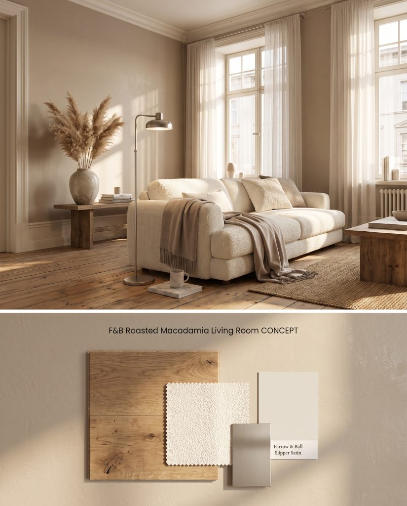 A split digital conceptual board displaying a Farrow & Ball Roasted Macadamia living room above physical European oak and ivory boucle swatches.