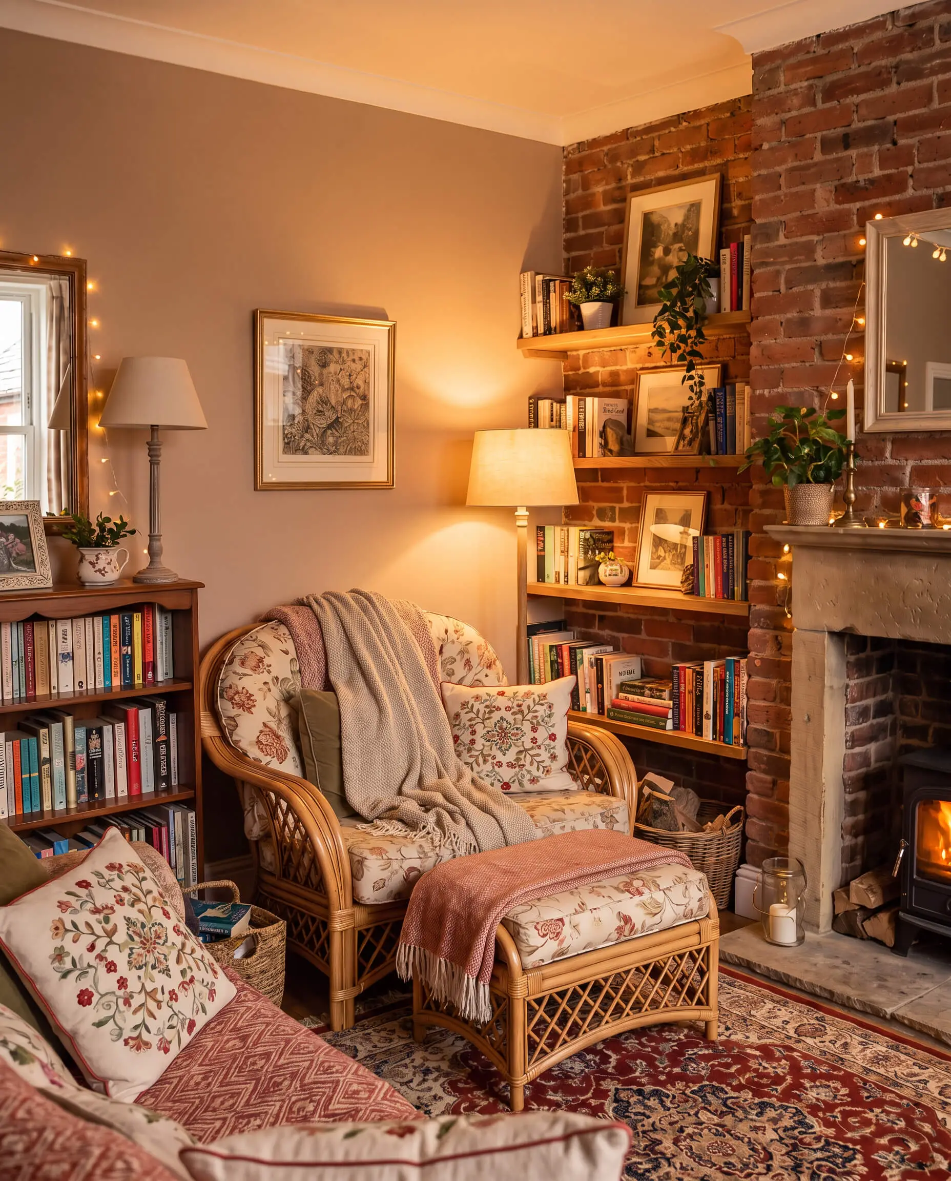 A rattan chair and vintage floral textiles furnish a cozy reading room featuring Farrow and Ball Setting Plaster walls and an industrial red brick wall.