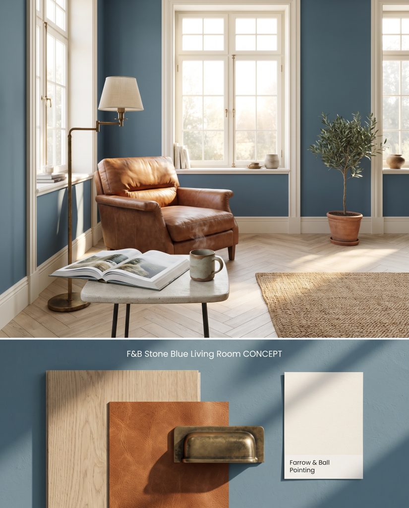 A split digital conceptual board displaying a Farrow & Ball Stone Blue living room above physical white oak and cognac leather material swatches.