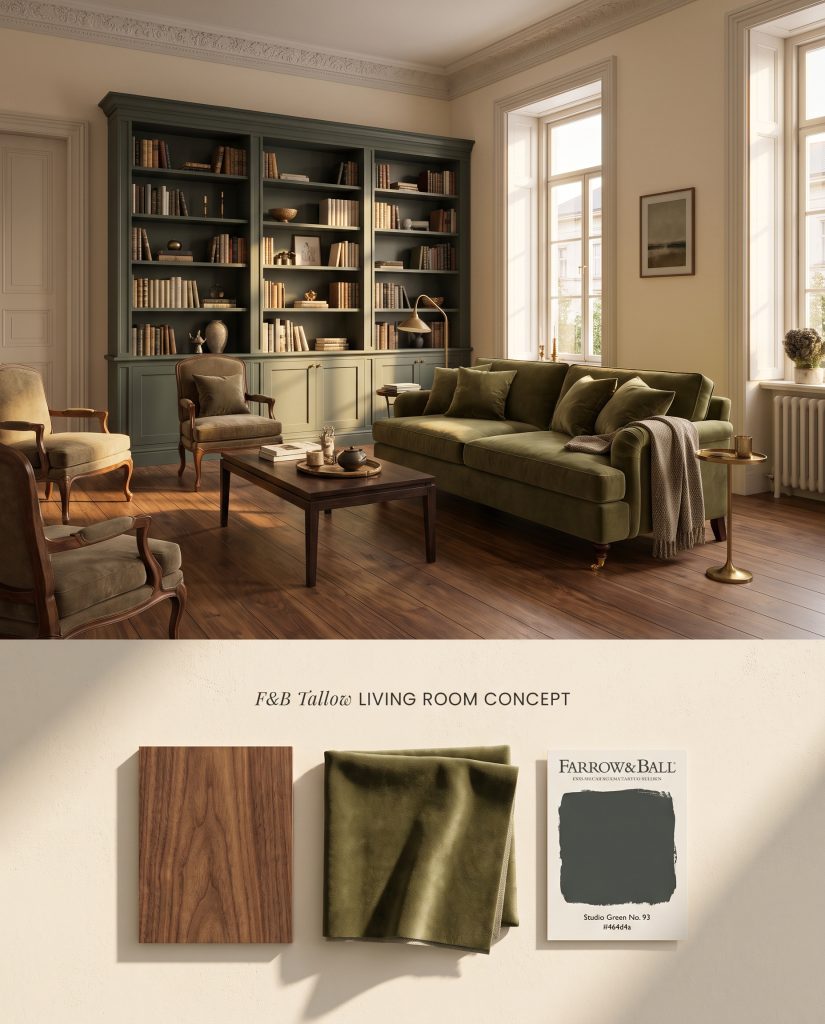 A split digital conceptual board featuring a Farrow & Ball Tallow historical living room above a flat-lay of rich walnut and olive velvet.