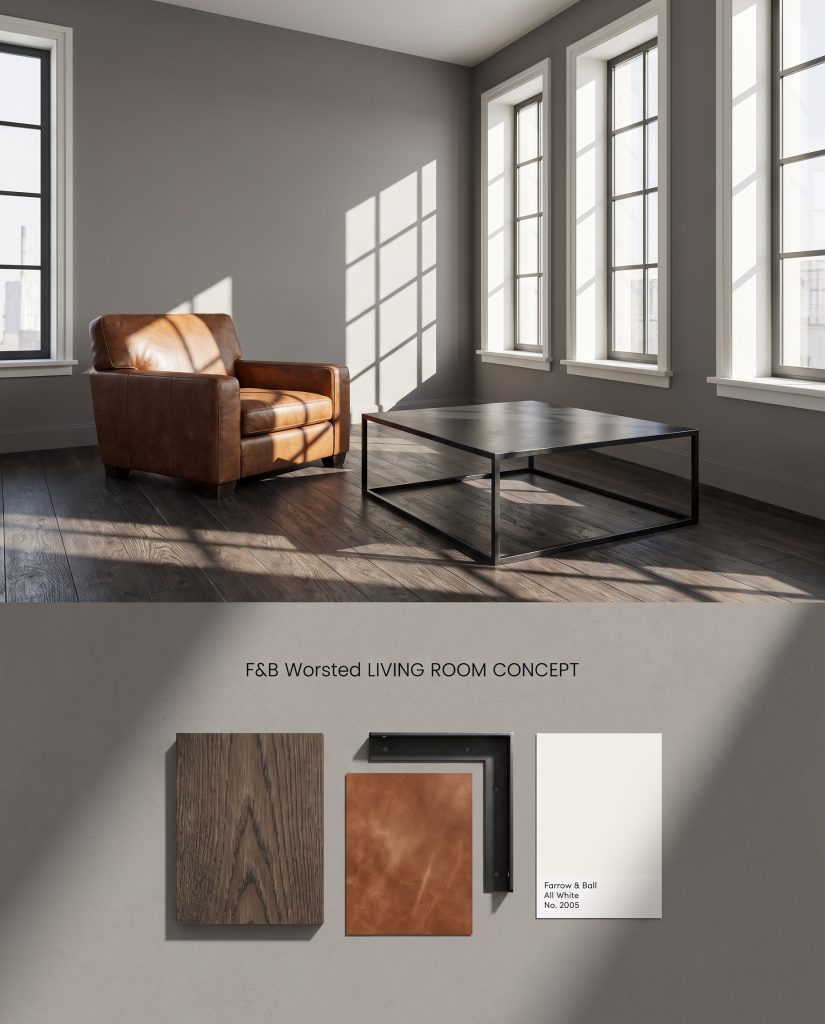 A split digital conceptual board highlighting a Farrow & Ball Worsted modern industrial living room over a tactile dark smoked oak flat-lay.