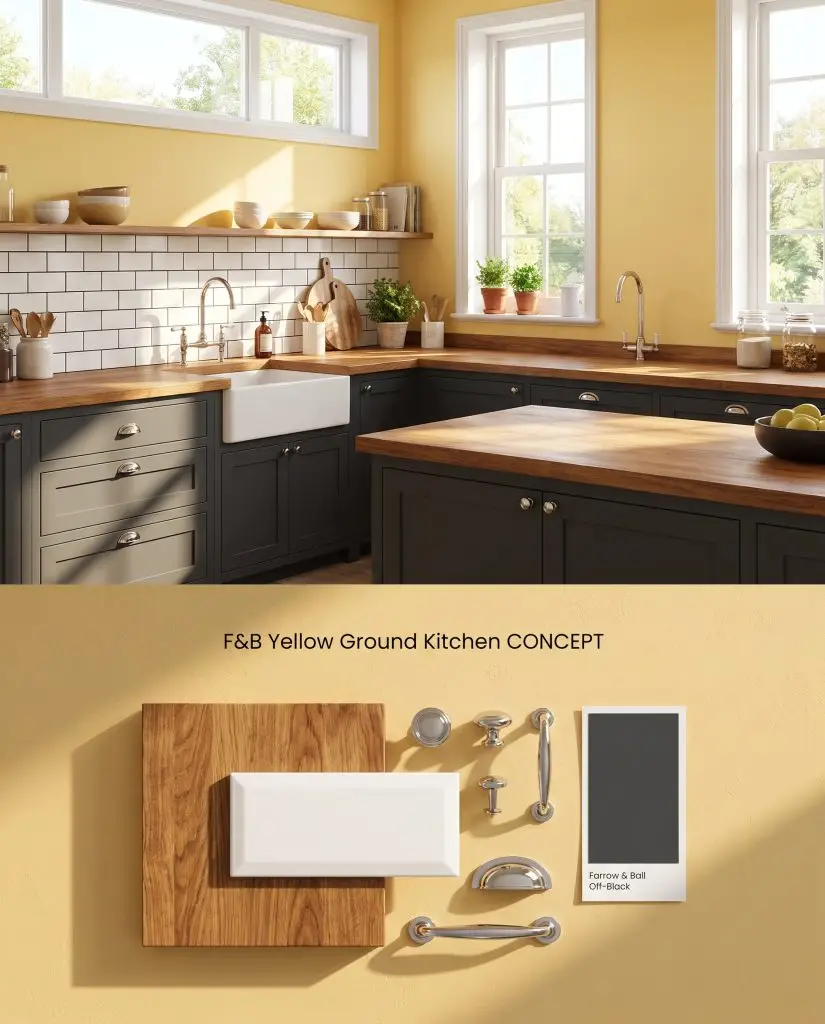 An analytical split board presenting Farrow & Ball Yellow Ground on kitchen walls above a flat-lay of butcher block and subway tile.