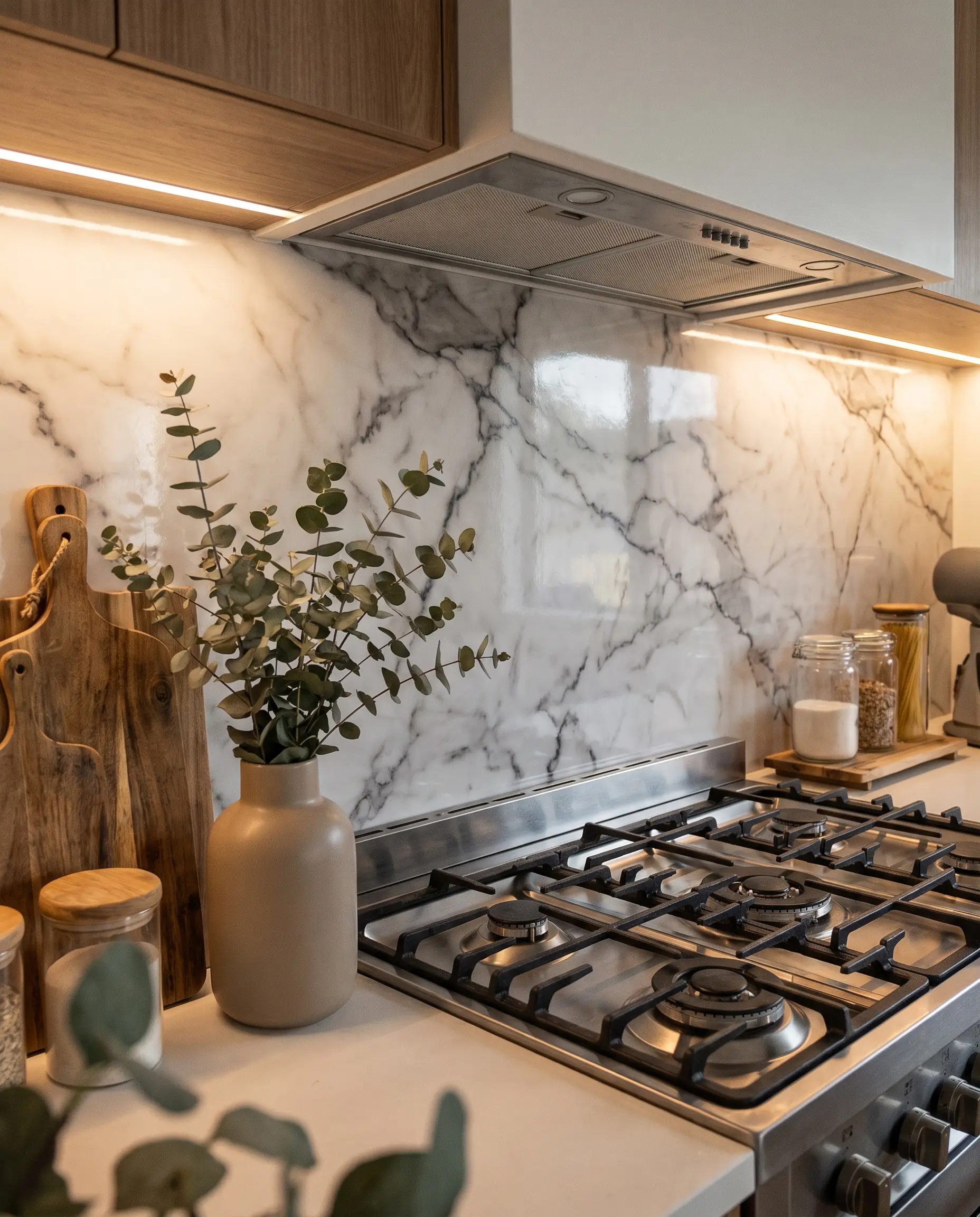 Ultra-thin textured UV PVC sheets mimic deep-veined natural marble, forming a seamless kitchen backsplash behind a stainless steel range and wooden cutting boards.