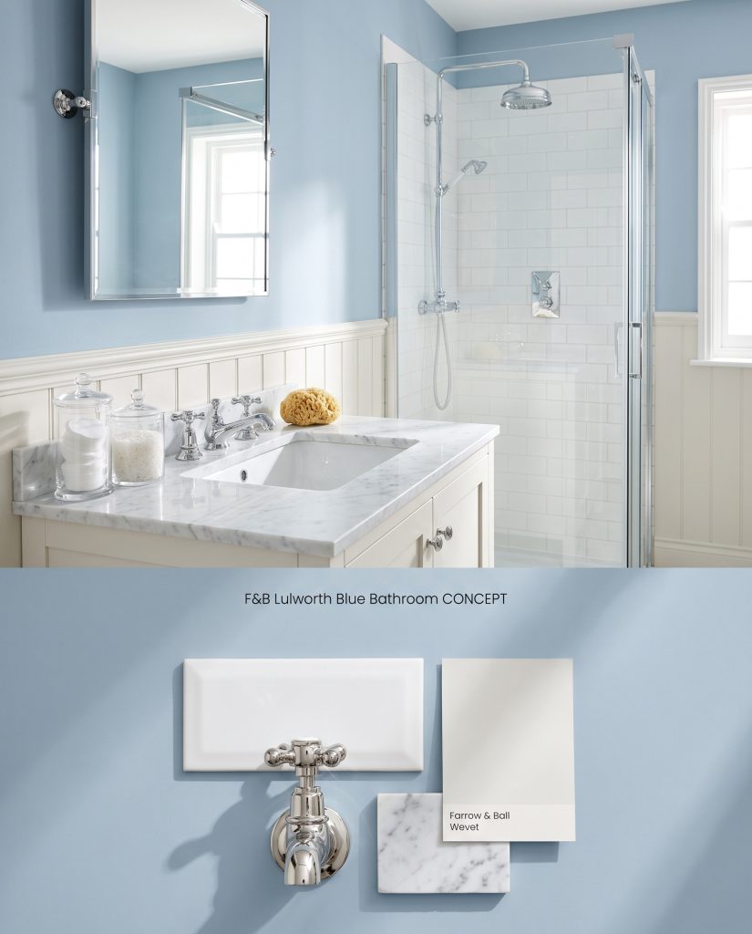 A digital split board presenting a crisp bathroom with white subway tile atop a textured bottom section of physical material swatches.