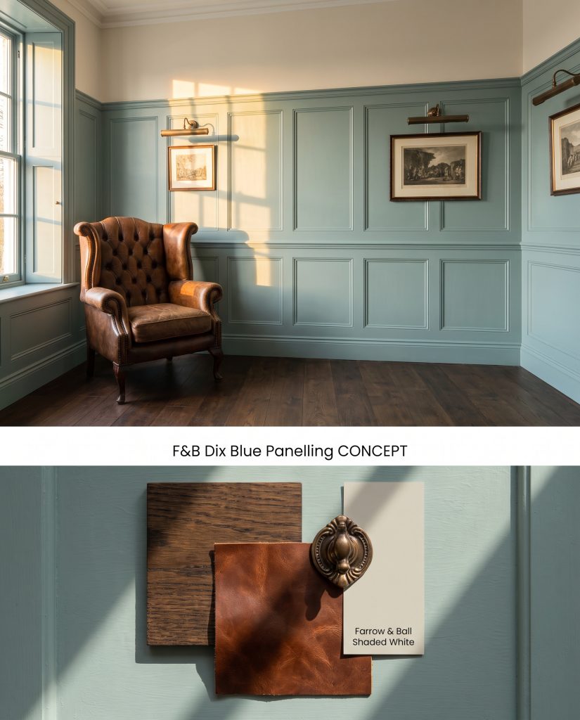 A composite digital board displaying traditional Georgian lower wood panelling in muted blue-green above, grounded by a flat-lay of dark oak and leather below.