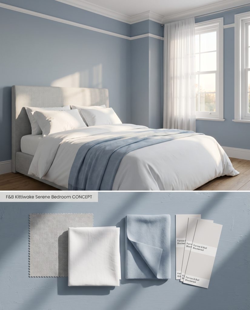 A split digital conceptual board featuring a tranquil bedroom environment above, and a textured grey-blue flat-lay with pale cashmere below.