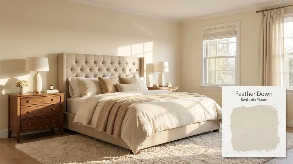 Soft morning sunlight highlights a tufted linen headboard and walnut wood nightstands surrounded by walls finished in OC-6 Feather Down (Hex #E6E0CF).