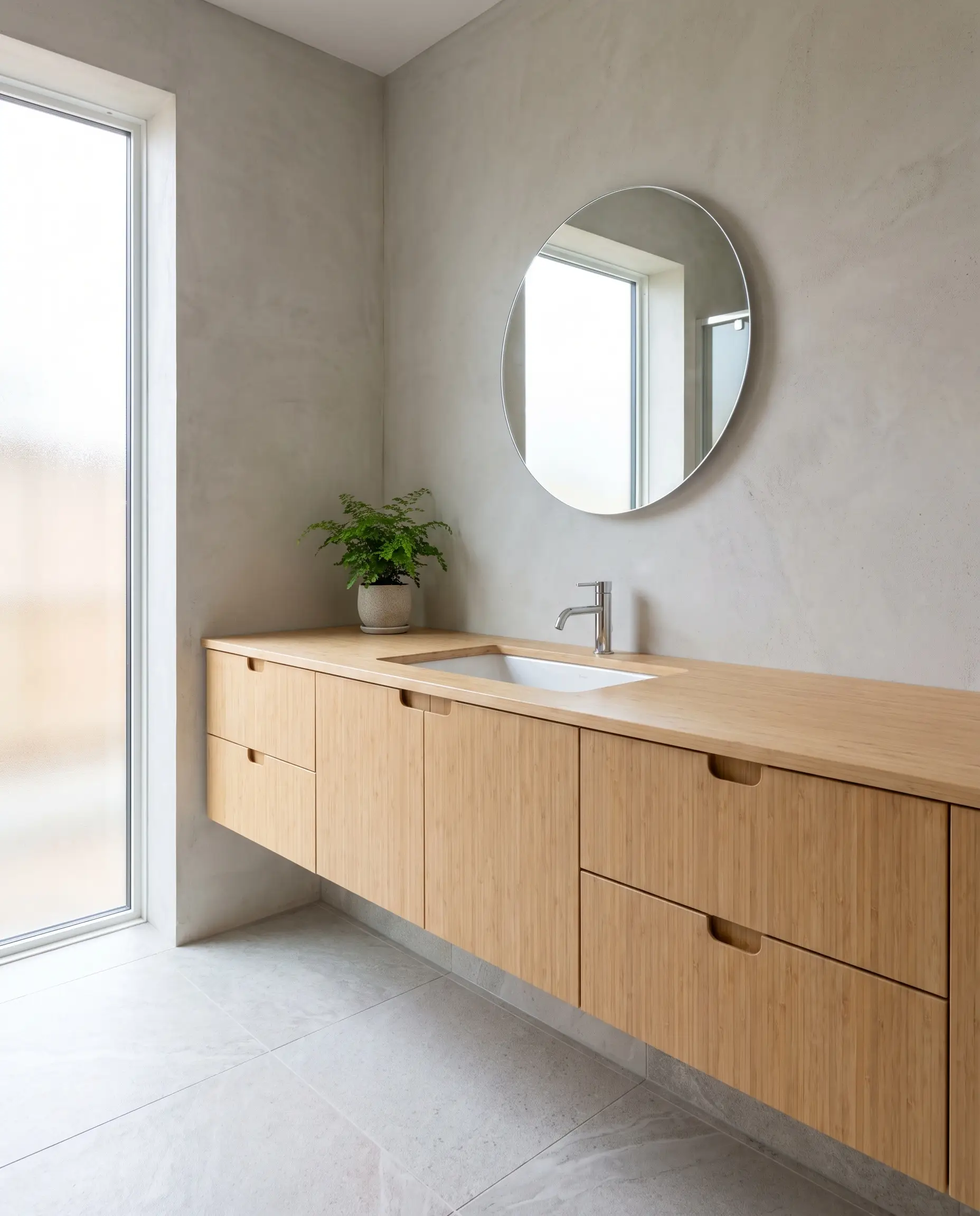 A minimalist floating flat-panel bathroom vanity crafted from architectural bamboo plywood features integrated routed J-channel finger-pulls and a clean under-mount sink basin.
