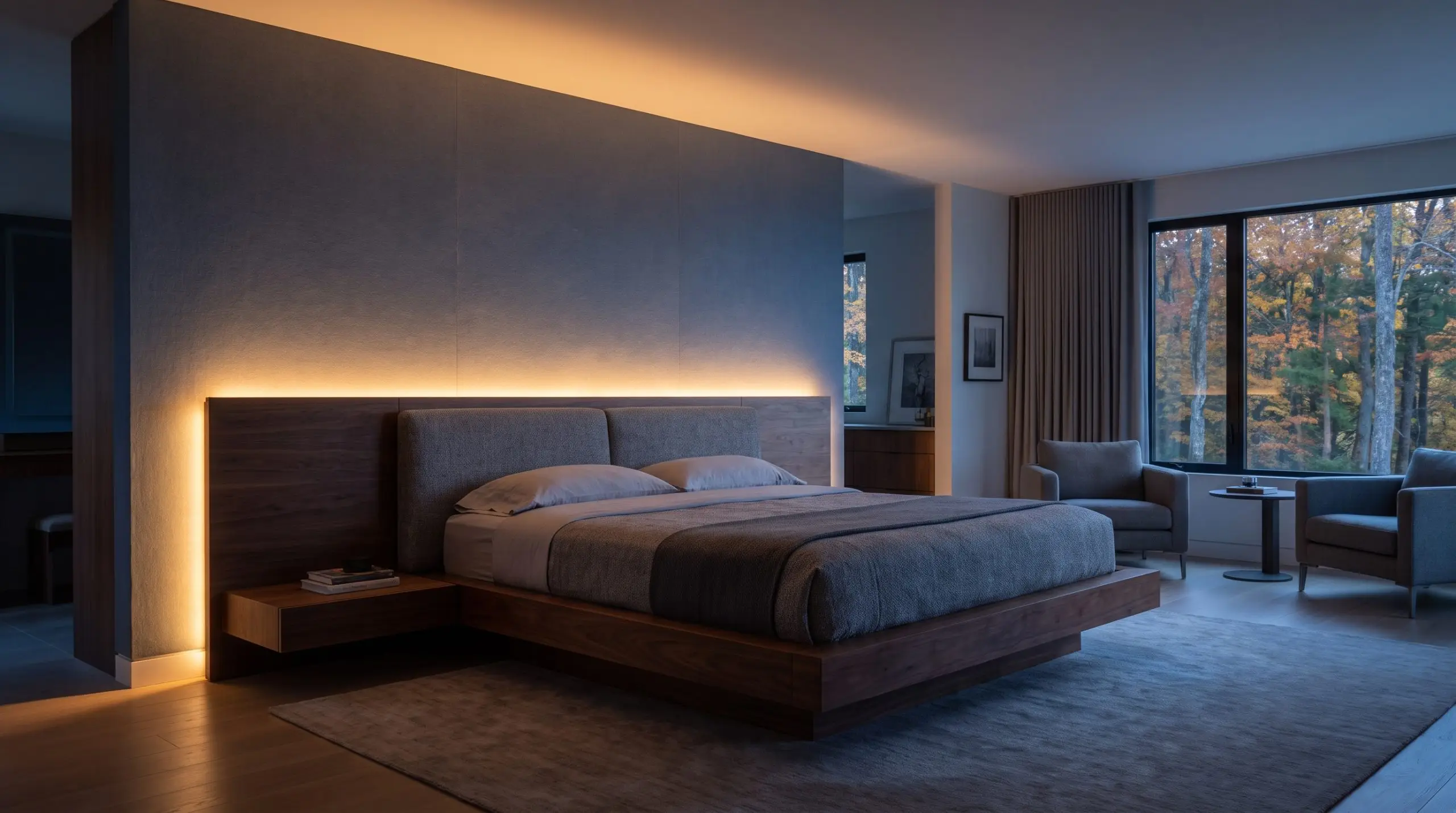 A modern floating platform bed features hidden dimmable LED strip lighting installed behind the headboard to wash the wall in amber light.